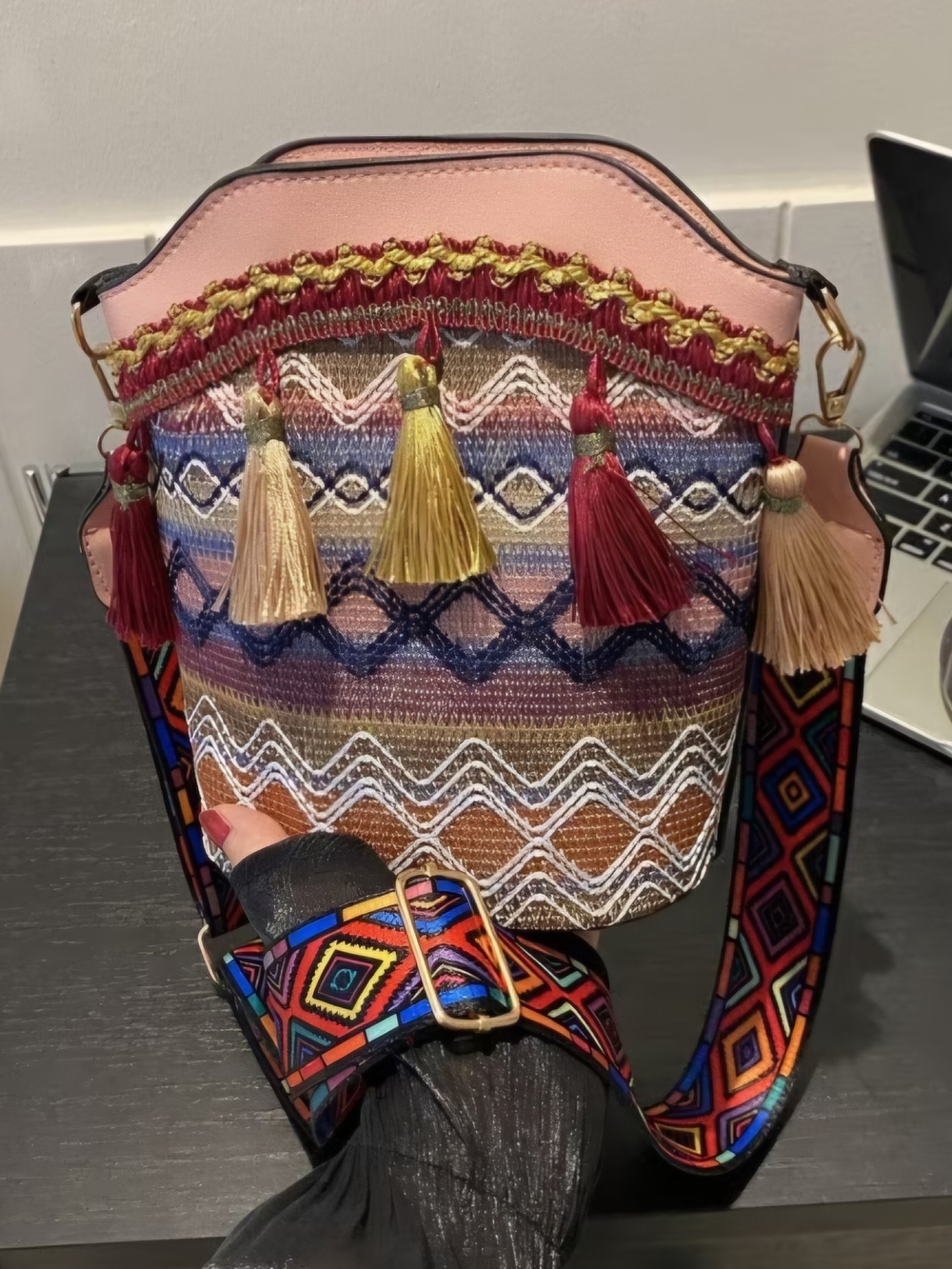 Embroidered Tassel Bucket Crossbody Bag in Pink and Multicolor